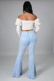 Denim Mid-Waist Hole Flared Jeans Pants LA-3273
