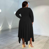 Plus Size Letter Print Long Sleeve Irregular Maxi Dress WPF-80338