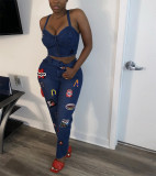Denim Embroidery Two Piece Pants Set LA-3219