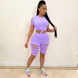 Casual Solid Hole T Shirt And Shorts Two Piece Sets LA-3277