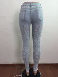 Denim Mid-Waist Hole Skinny Jeans Pants LA-3270