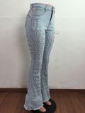 Denim Mid-Waist Hole Flared Jeans Pants LA-3273