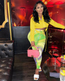 Sexy Long Sleeve Blouse Top+Printed Mesh Pants 2 Piece Sets FENF-179