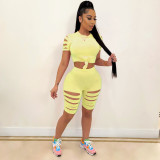 Casual Solid Hole T Shirt And Shorts Two Piece Sets LA-3277