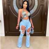 Denim Ripped Hole Flared Jeans Pants LA-3272