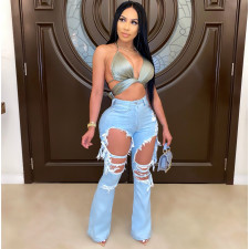 Denim Ripped Hole Flared Jeans Pants LA-3272