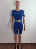 Casual Solid Hole T Shirt And Shorts Two Piece Sets LA-3277