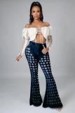 Denim Mid-Waist Hole Flared Jeans Pants LA-3273