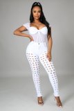 Denim Mid-Waist Hole Skinny Jeans Pants LA-3270