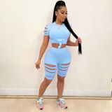 Casual Solid Hole T Shirt And Shorts Two Piece Sets LA-3277