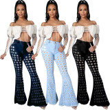 Denim Mid-Waist Hole Flared Jeans Pants LA-3273
