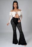 Denim Mid-Waist Hole Flared Jeans Pants LA-3273