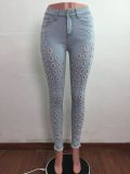 Denim Mid-Waist Hole Skinny Jeans Pants LA-3270