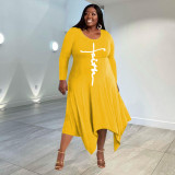 Plus Size Letter Print Long Sleeve Irregular Maxi Dress WPF-80338
