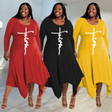 Plus Size Letter Print Long Sleeve Irregular Maxi Dress WPF-80338