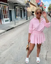 Solid Long Sleeve Pleated Mini Skirt 2 Piece Sets FNN-8632