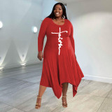 Plus Size Letter Print Long Sleeve Irregular Maxi Dress WPF-80338