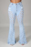 Denim Mid-Waist Hole Flared Jeans Pants LA-3273
