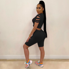 Casual Solid Hole T Shirt And Shorts Two Piece Sets LA-3277