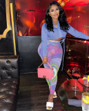 Sexy Long Sleeve Blouse Top+Printed Mesh Pants 2 Piece Sets FENF-179