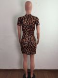 Sexy Leopard Short Sleeve Zipper Mini Dress LA-3276