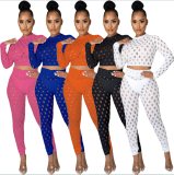 Sexy Hole Hollow Out Long Sleeve 2 Piece Pants Set LA-3278