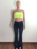 Denim Mid-Waist Hole Flared Jeans Pants LA-3273