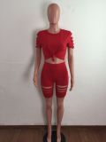 Casual Solid Hole T Shirt And Shorts Two Piece Sets LA-3277