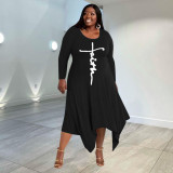 Plus Size Letter Print Long Sleeve Irregular Maxi Dress WPF-80338