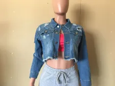 Plus Size Denim Ripped Full Sleeve Short Coat OD-8455