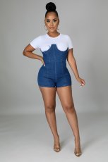 Denim Patchwork Short Sleeve Mini Dress LA-3291