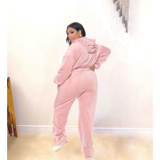 Plus Size Solid Velvet Hooded Zipper Coat +Tube Top+Pants 3 Piece Sets ZNF-9111