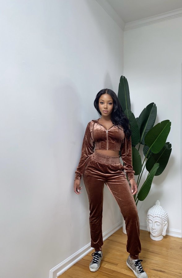 Solid Velvet Hooded Long Sleeve 2 Piece Pants Set YS-8826