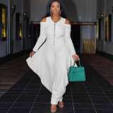 Solid Cold Shoulder Long Sleeve Harem Jumpsuit MXDF-6057