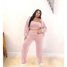 Plus Size Solid Velvet Hooded Zipper Coat +Tube Top+Pants 3 Piece Sets ZNF-9111