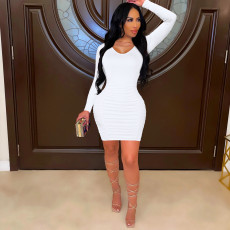 Sexy Solid Ruched Long Sleeve Slim Mini Dress MZ-2663