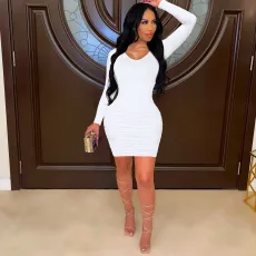 Sexy Solid Ruched Long Sleeve Slim Mini Dress MZ-2663
