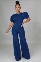 Denim Backless Puff Sleeve Wide Leg Jumpsuit LA-3289