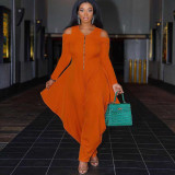 Solid Cold Shoulder Long Sleeve Harem Jumpsuit MXDF-6057