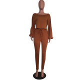 Pre Order: About 7 work days shipping Casual Solid Lantern Sleeve Two Piece Pants Set YUEM-66189