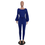 Pre Order: About 7 work days shipping Casual Solid Lantern Sleeve Two Piece Pants Set YUEM-66189