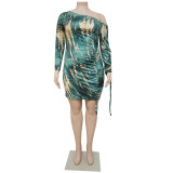 Plus Size Sexy Printed Off Shoulder Drawstring Mini Dress NNWF-7308