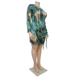 Plus Size Sexy Printed Off Shoulder Drawstring Mini Dress NNWF-7308