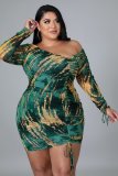 Plus Size Sexy Printed Off Shoulder Drawstring Mini Dress NNWF-7308