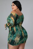 Plus Size Sexy Printed Off Shoulder Drawstring Mini Dress NNWF-7308