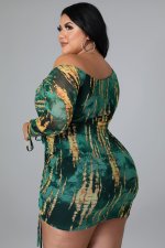 Plus Size Sexy Printed Off Shoulder Drawstring Mini Dress NNWF-7308