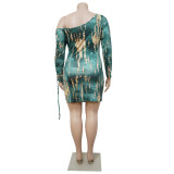 Plus Size Sexy Printed Off Shoulder Drawstring Mini Dress NNWF-7308