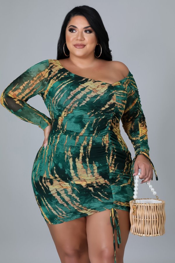 Plus Size Sexy Printed Off Shoulder Drawstring Mini Dress NNWF-7308