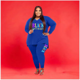 Plus Size Letter Print V Neck Long Sleeve 2 Piece Pants Set WAF-77277