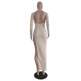 Solid Ribbed Backless High Split Slim Maxi Dress TR-1176